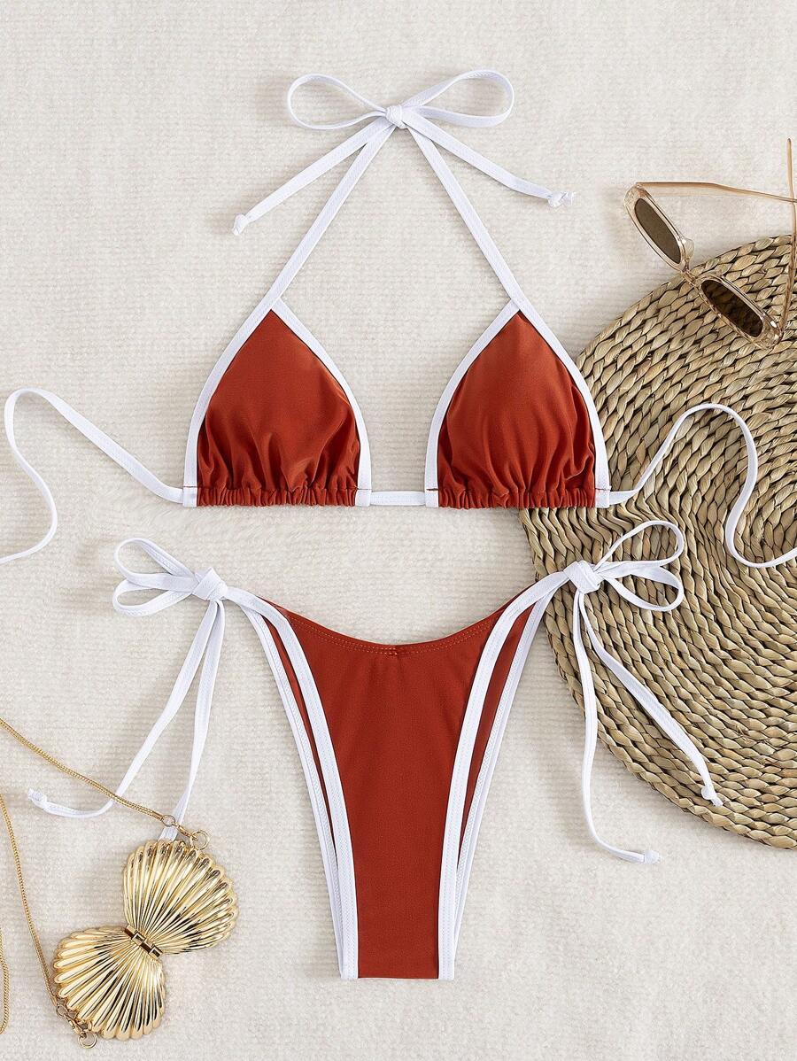 Conjunto de biquíni feminino com contraste de cores e bandeau sexy para férias de primavera, separado, praia, traje de banho