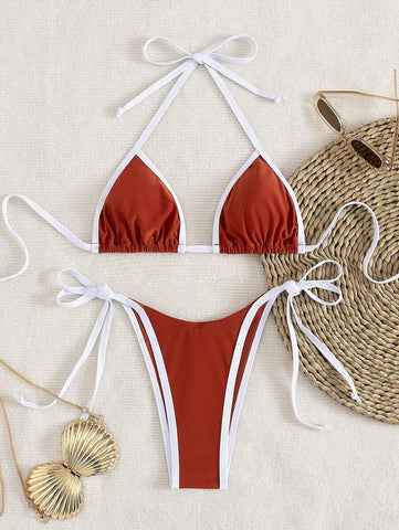 Conjunto de biquíni feminino com contraste de cores e bandeau sexy para férias de primavera, separado, praia, traje de banho