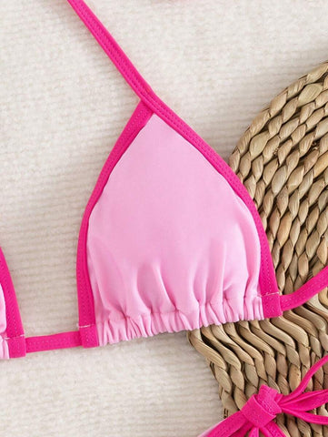 Conjunto de biquíni feminino com contraste de cores e bandeau sexy para férias de primavera, separado, praia, traje de banho