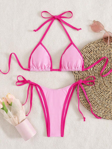 Conjunto de biquíni feminino com contraste de cores e bandeau sexy para férias de primavera, separado, praia, traje de banho