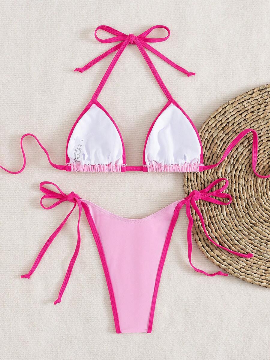 Conjunto de biquíni feminino com contraste de cores e bandeau sexy para férias de primavera, separado, praia, traje de banho