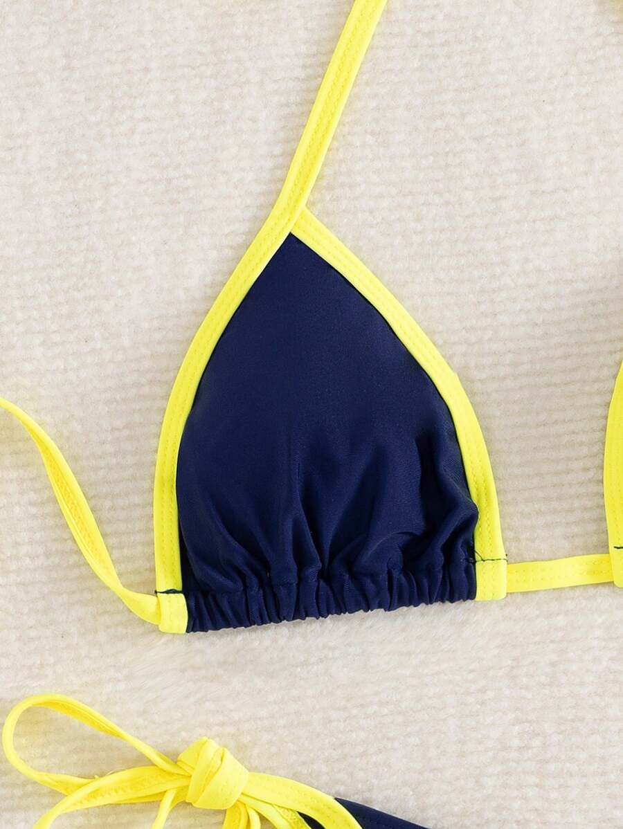 Conjunto de biquíni feminino com contraste de cores e bandeau sexy para férias de primavera, separado, praia, traje de banho