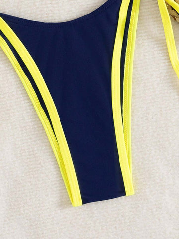 Conjunto de biquíni feminino com contraste de cores e bandeau sexy para férias de primavera, separado, praia, traje de banho