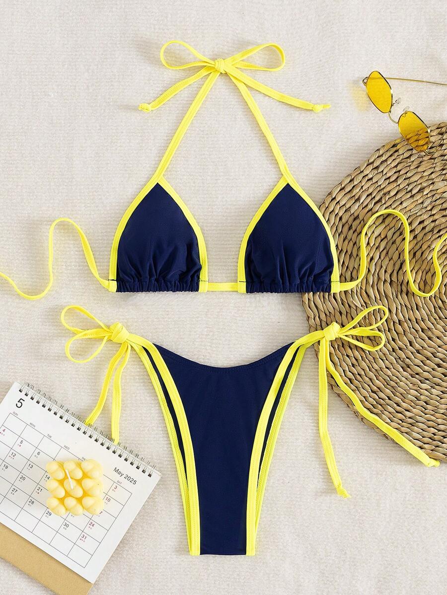 Conjunto de biquíni feminino com contraste de cores e bandeau sexy para férias de primavera, separado, praia, traje de banho