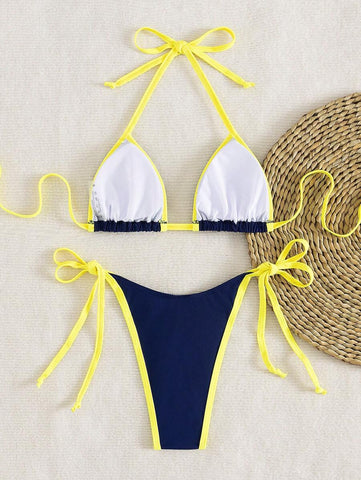 Conjunto de biquíni feminino com contraste de cores e bandeau sexy para férias de primavera, separado, praia, traje de banho