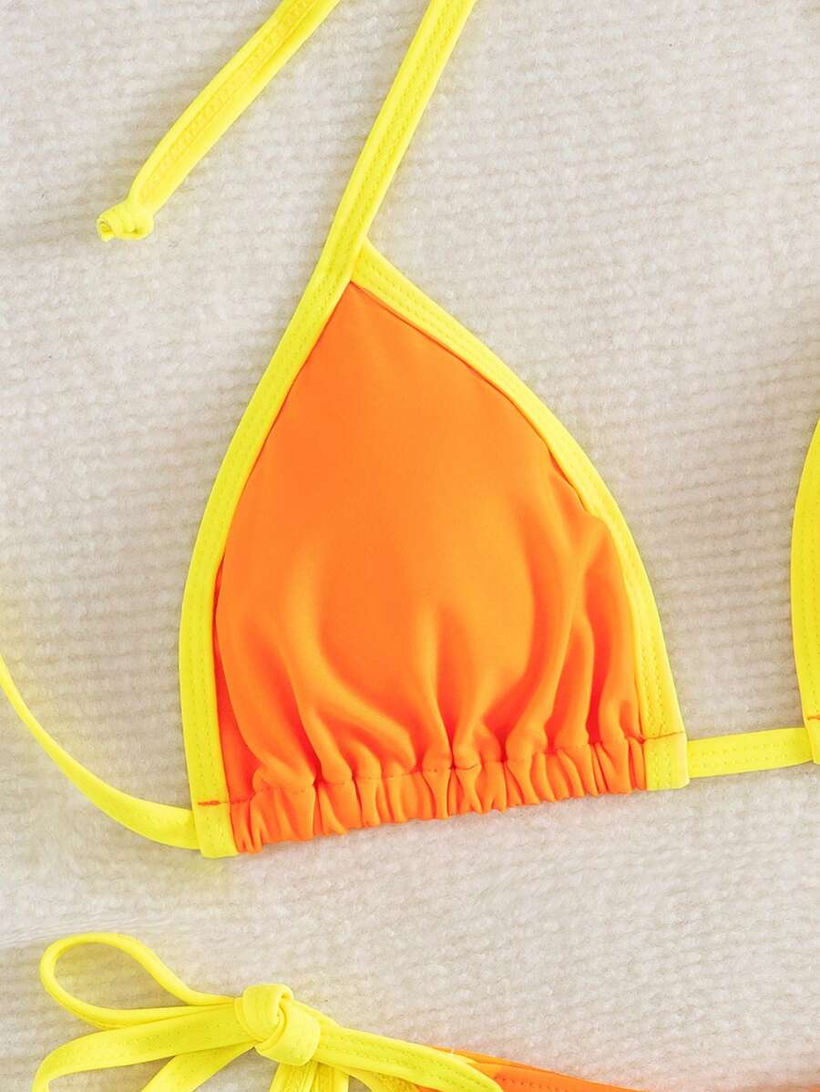 Conjunto de biquíni feminino com contraste de cores e bandeau sexy para férias de primavera, separado, praia, traje de banho