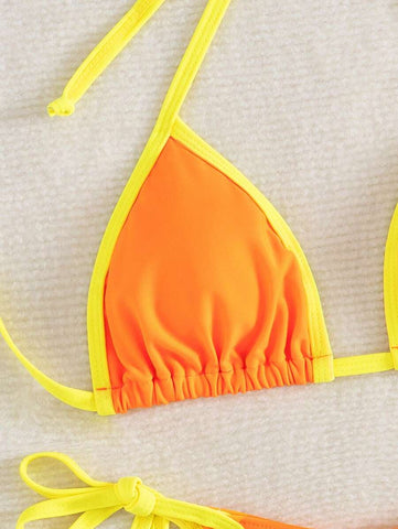 Conjunto de biquíni feminino com contraste de cores e bandeau sexy para férias de primavera, separado, praia, traje de banho