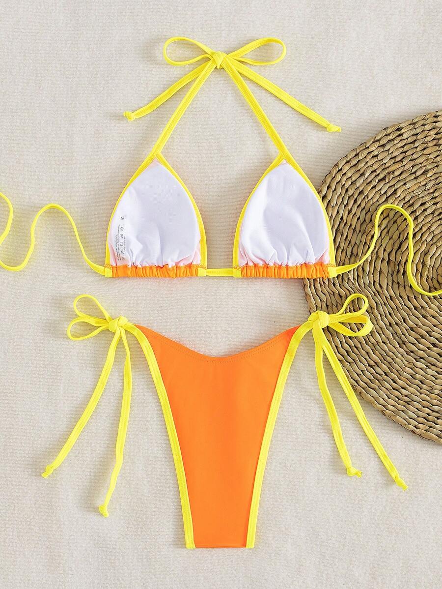 Conjunto de biquíni feminino com contraste de cores e bandeau sexy para férias de primavera, separado, praia, traje de banho