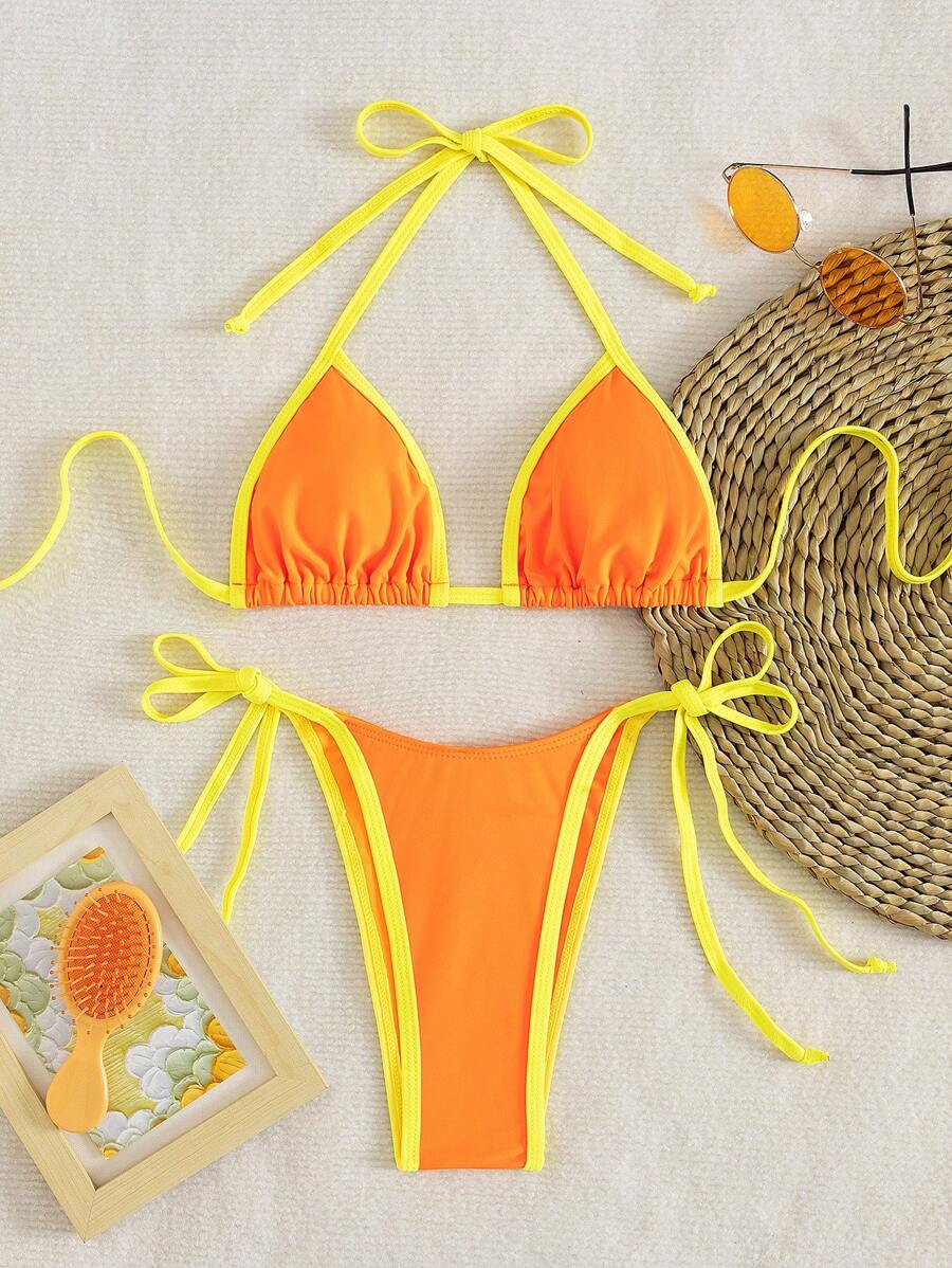 Conjunto de biquíni feminino com contraste de cores e bandeau sexy para férias de primavera, separado, praia, traje de banho