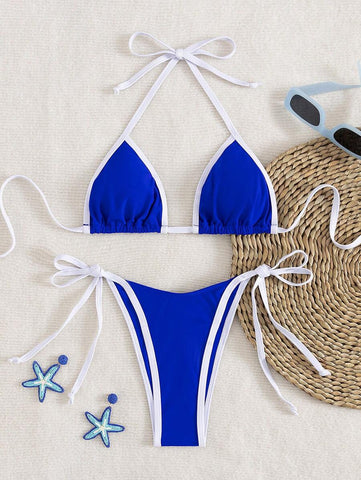 Conjunto de biquíni feminino com contraste de cores e bandeau sexy para férias de primavera, separado, praia, traje de banho