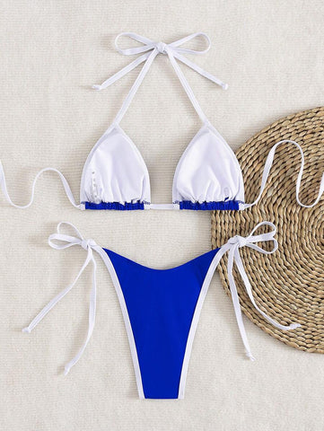 Conjunto de biquíni feminino com contraste de cores e bandeau sexy para férias de primavera, separado, praia, traje de banho