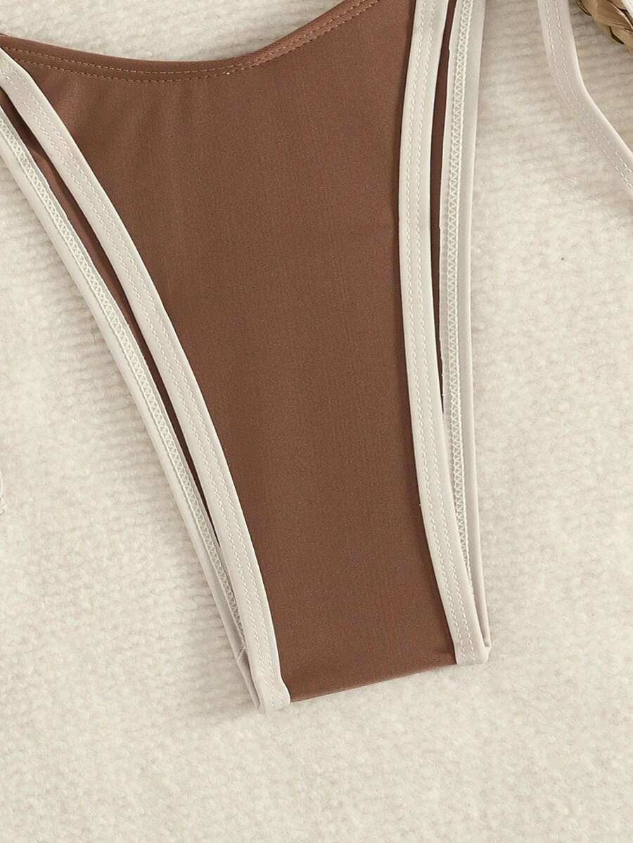 Conjunto de biquíni feminino com contraste de cores e bandeau sexy para férias de primavera, separado, praia, traje de banho