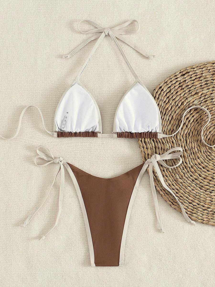 Conjunto de biquíni feminino com contraste de cores e bandeau sexy para férias de primavera, separado, praia, traje de banho