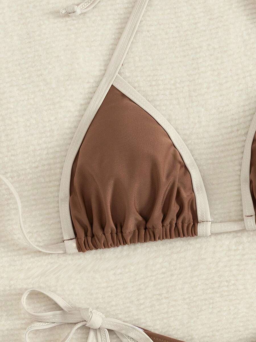 Conjunto de biquíni feminino com contraste de cores e bandeau sexy para férias de primavera, separado, praia, traje de banho