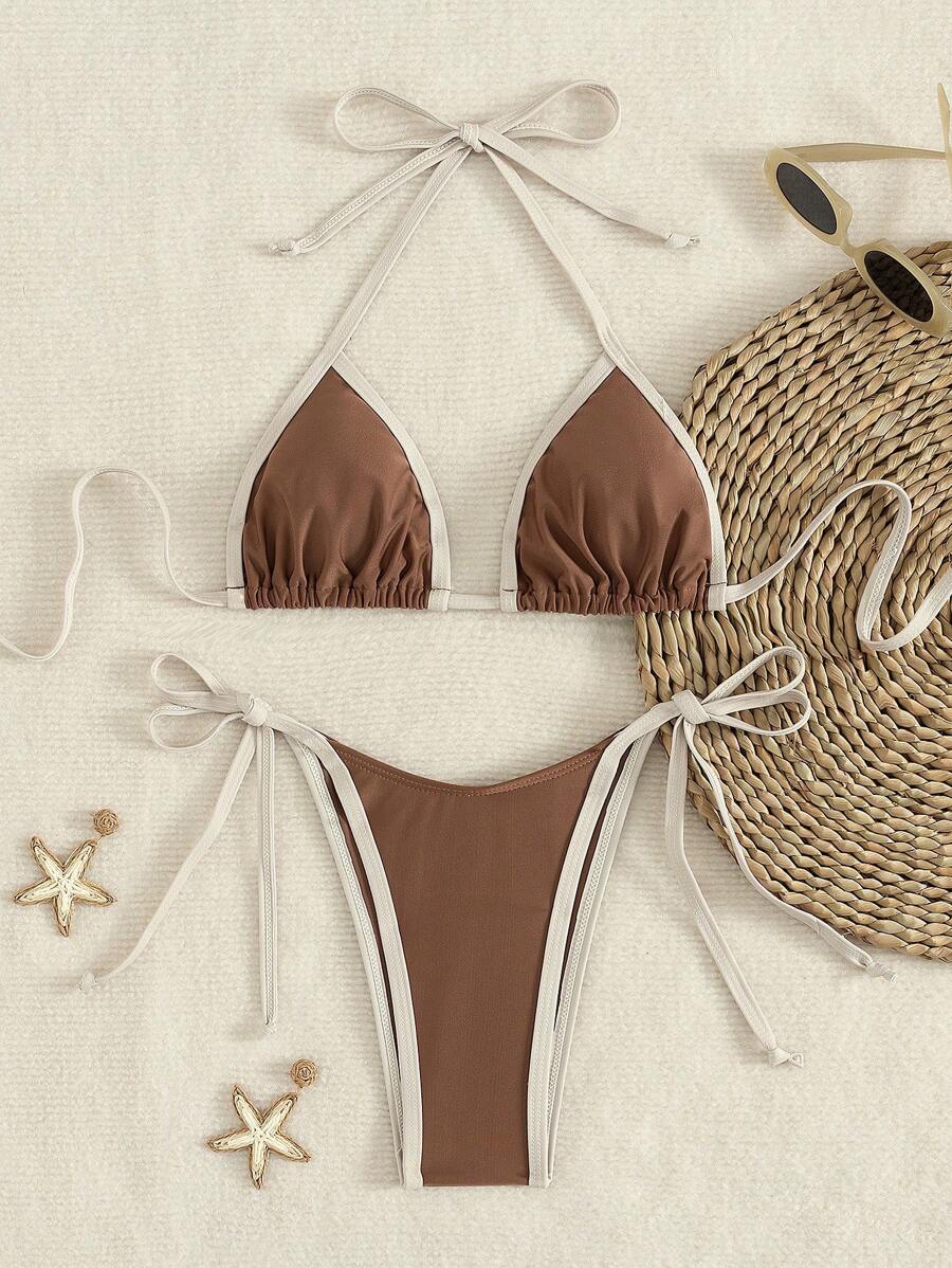Conjunto de biquíni feminino com contraste de cores e bandeau sexy para férias de primavera, separado, praia, traje de banho