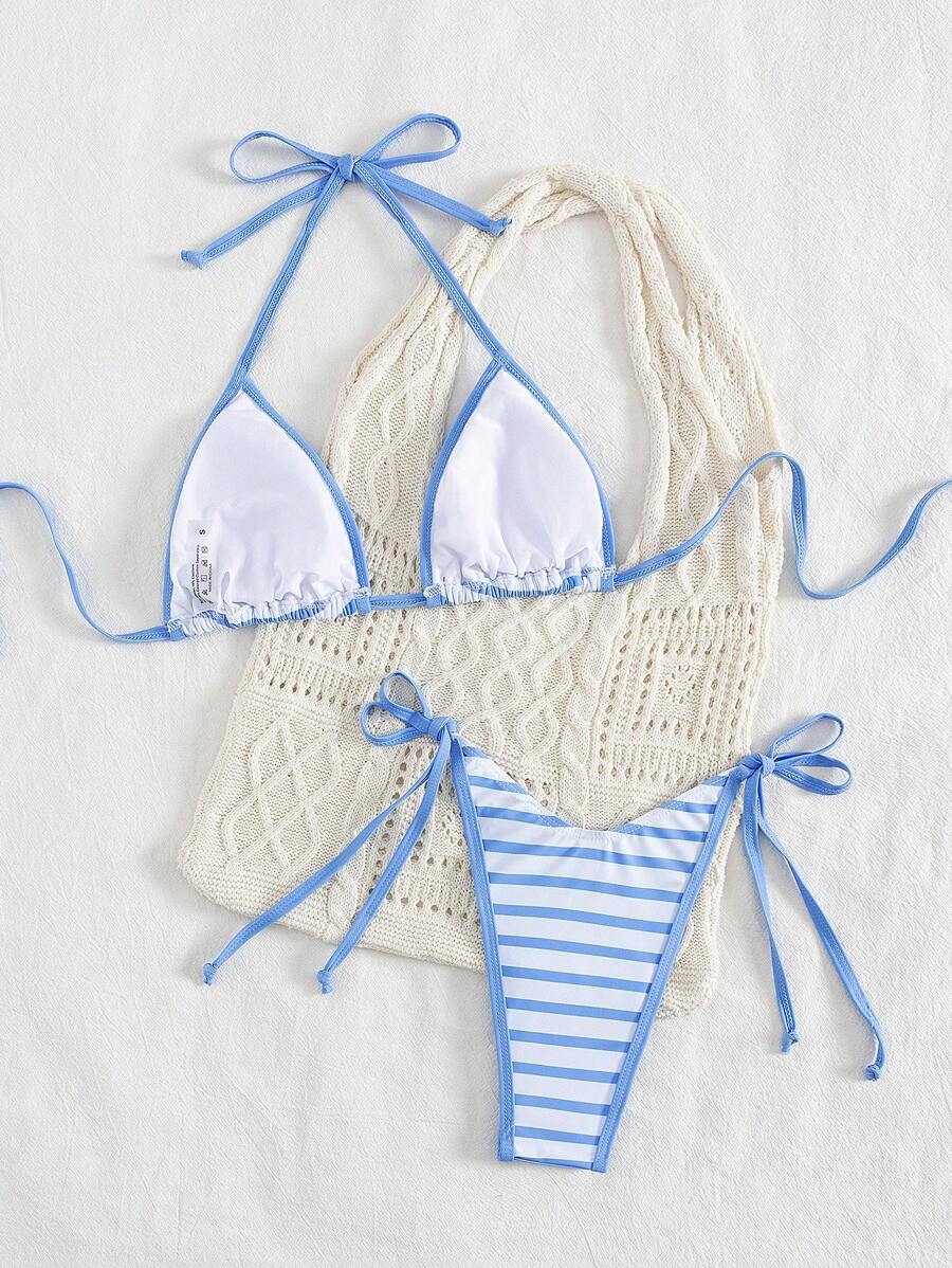 Conjunto de biquíni feminino com contraste de cores e bandeau sexy para férias de primavera, separado, praia, traje de banho