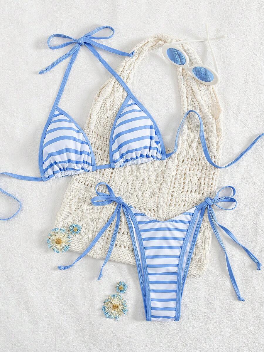 Conjunto de biquíni feminino com contraste de cores e bandeau sexy para férias de primavera, separado, praia, traje de banho