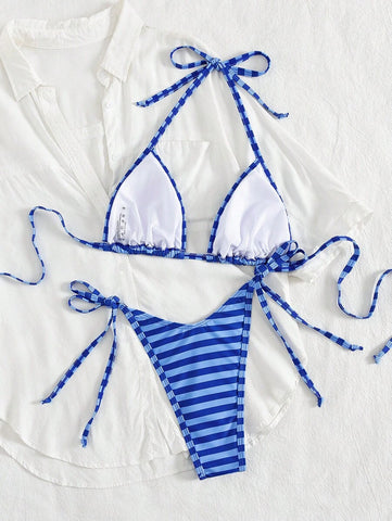 Conjunto de biquíni feminino com contraste de cores e bandeau sexy para férias de primavera, separado, praia, traje de banho
