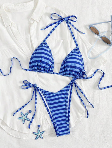 Conjunto de biquíni feminino com contraste de cores e bandeau sexy para férias de primavera, separado, praia, traje de banho