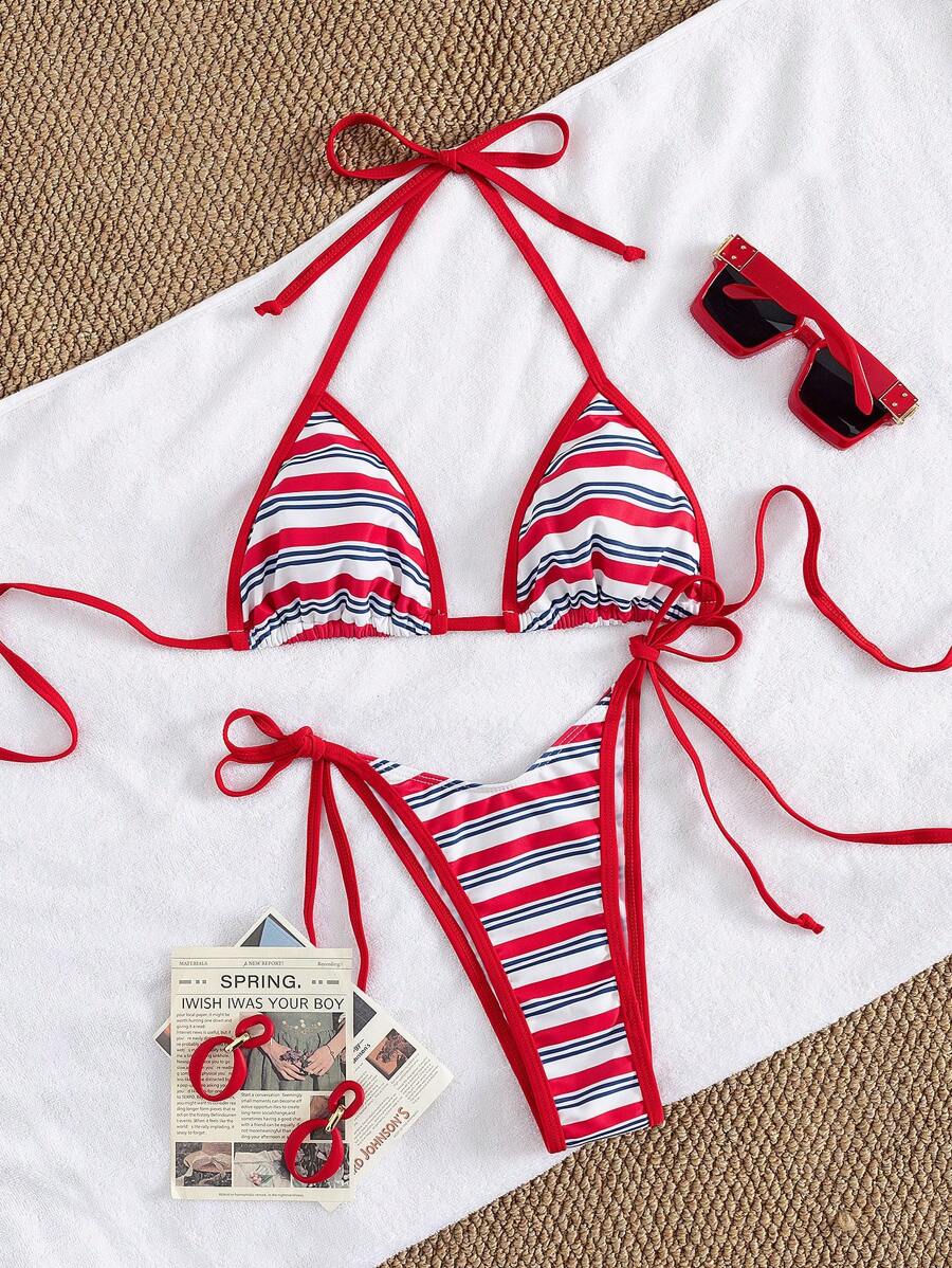 Conjunto de biquíni feminino com contraste de cores e bandeau sexy para férias de primavera, separado, praia, traje de banho