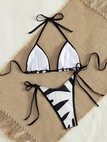 Conjunto de biquíni feminino com contraste de cores e bandeau sexy para férias de primavera, separado, praia, traje de banho