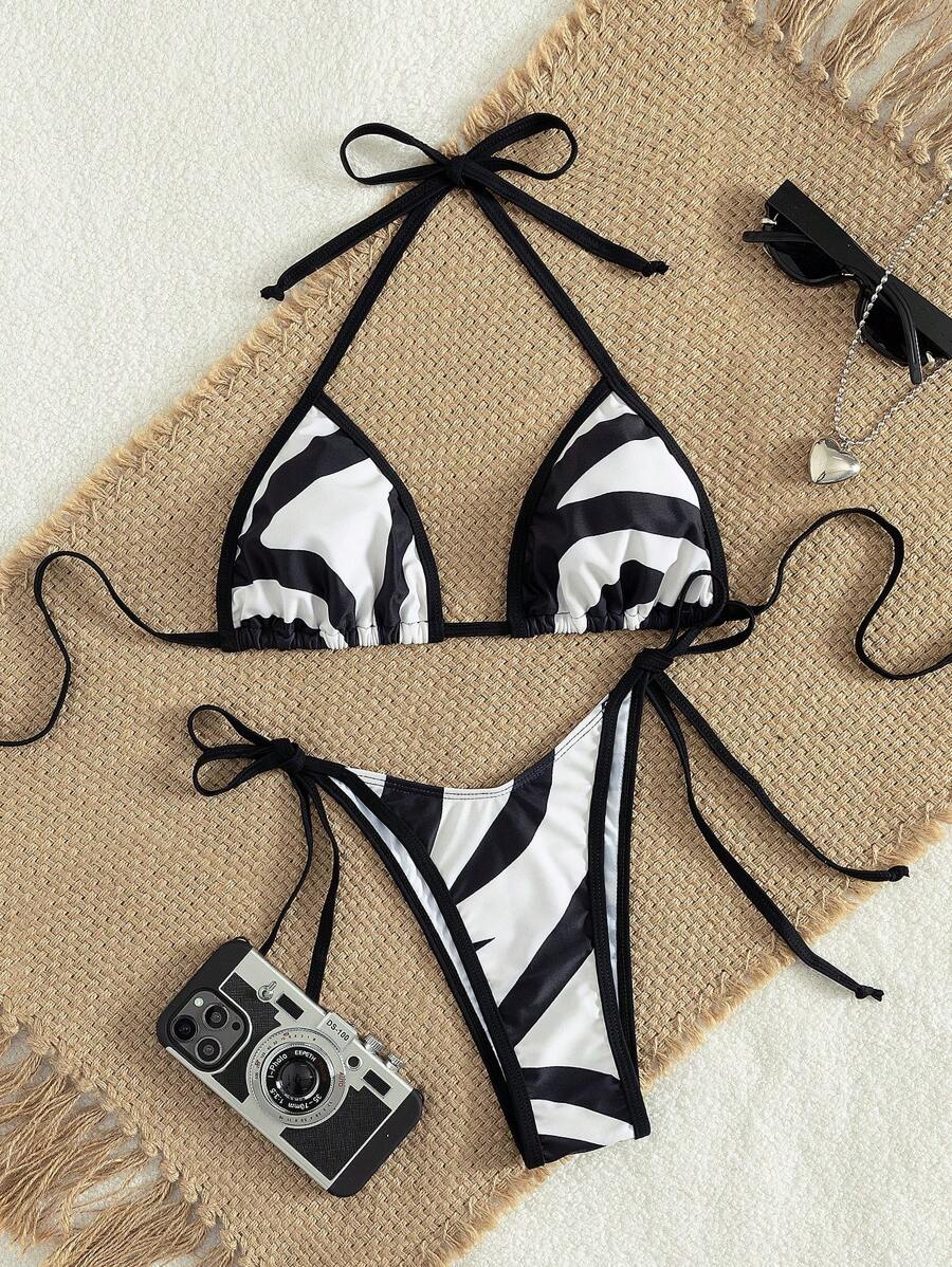 Conjunto de biquíni feminino com contraste de cores e bandeau sexy para férias de primavera, separado, praia, traje de banho