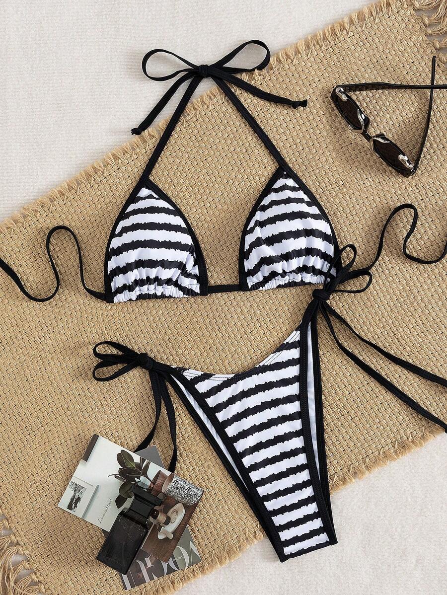 Conjunto de biquíni feminino com contraste de cores e bandeau sexy para férias de primavera, separado, praia, traje de banho