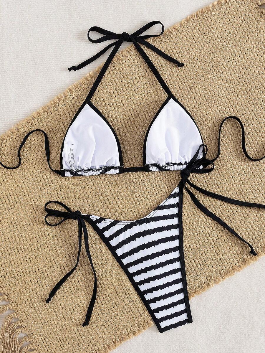Conjunto de biquíni feminino com contraste de cores e bandeau sexy para férias de primavera, separado, praia, traje de banho