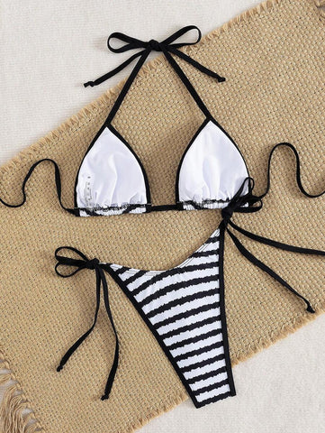 Conjunto de biquíni feminino com contraste de cores e bandeau sexy para férias de primavera, separado, praia, traje de banho