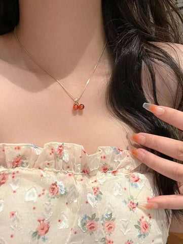 1pc colar de pingente de cereja vermelha de alta qualidade para mulheres, simples e delicado, moderno e elegante corrente de clavícula