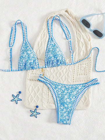 Conjunto de biquíni estilo boêmio com alças florais e costas nuas, 2 peças, moda praia para férias/feriados, primavera/verão
