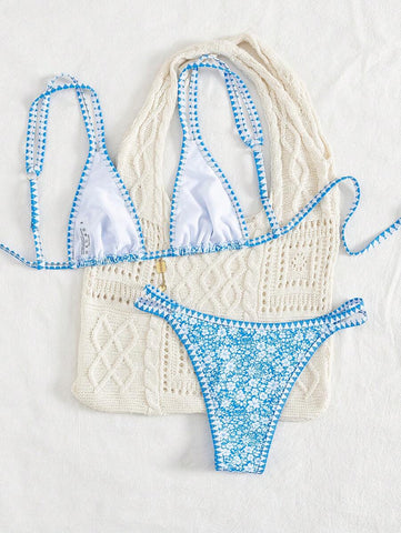 Conjunto de biquíni estilo boêmio com alças florais e costas nuas, 2 peças, moda praia para férias/feriados, primavera/verão