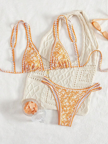 Conjunto de biquíni estilo boêmio com alças florais e costas nuas, 2 peças, moda praia para férias/feriados, primavera/verão