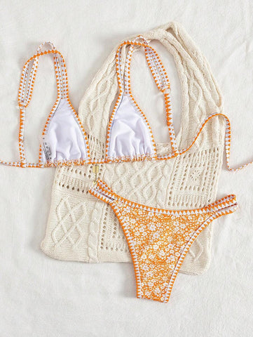 Conjunto de biquíni estilo boêmio com alças florais e costas nuas, 2 peças, moda praia para férias/feriados, primavera/verão