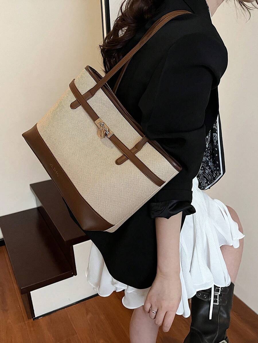 Bolsa de ombro feminina casual com zíper e grande capacidade para uso diário, bolsa de ombro nova no outono/inverno, bolsa tote de grande capacidade