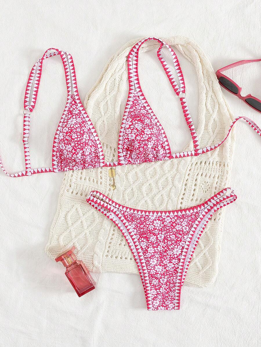Conjunto de biquíni estilo boêmio com alças florais e costas nuas, 2 peças, moda praia para férias/feriados, primavera/verão