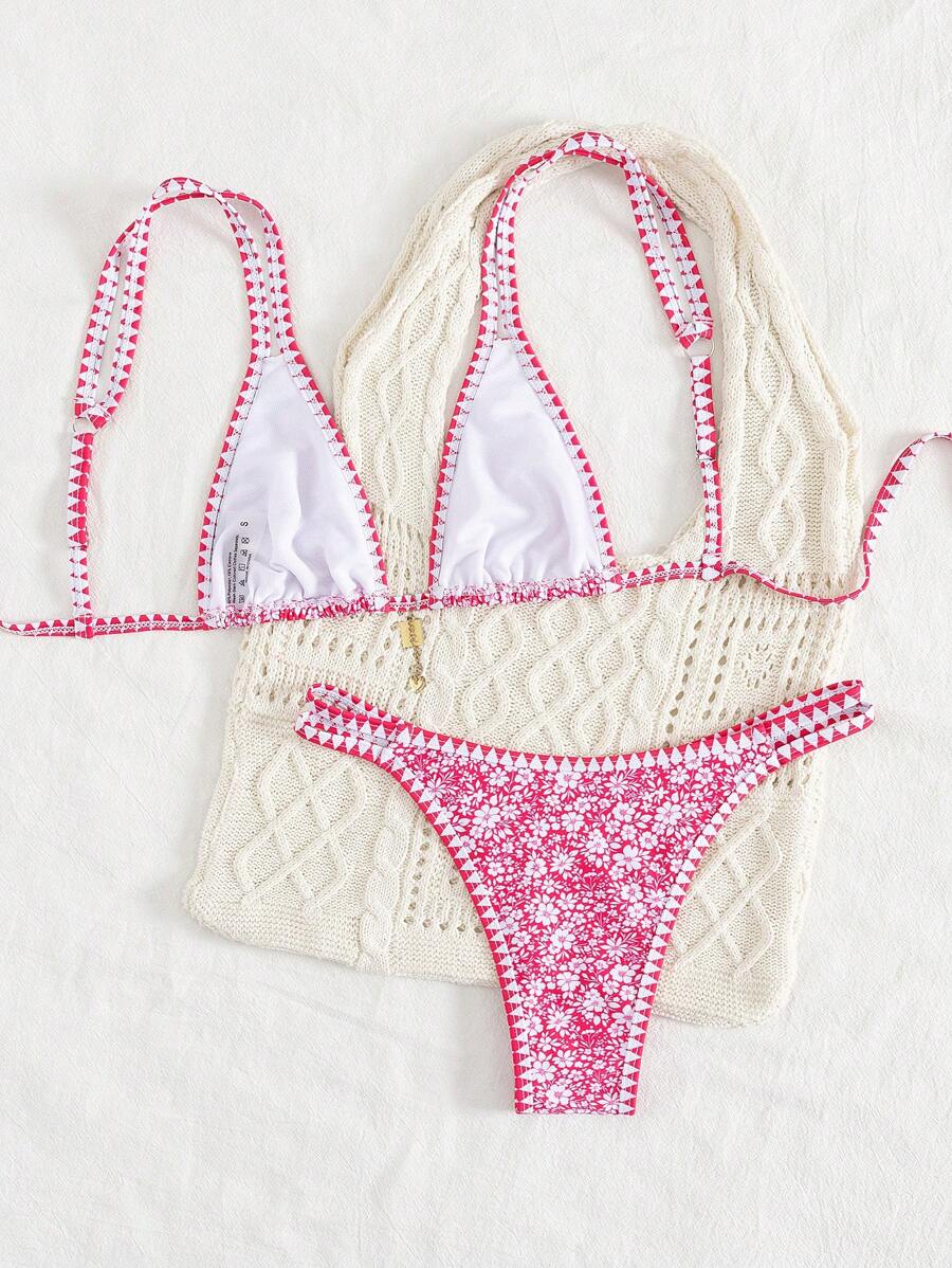 Conjunto de biquíni estilo boêmio com alças florais e costas nuas, 2 peças, moda praia para férias/feriados, primavera/verão