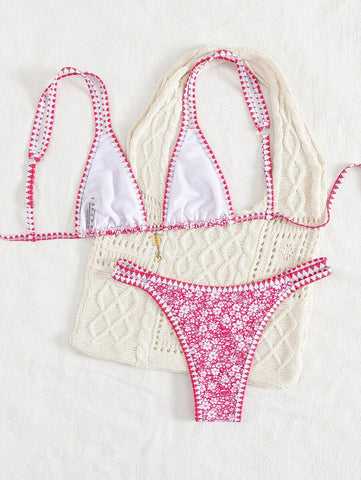 Conjunto de biquíni estilo boêmio com alças florais e costas nuas, 2 peças, moda praia para férias/feriados, primavera/verão