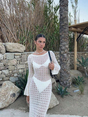 PARA BELEZA Vestido feminino primavera e verão, novo, bege, cor sólida, slim fit, sexy, sem costas, simples e atmosférico, de malha, manga comprida, lua de mel, casamento, temporada, praia, férias, estilo, transparente, vazado