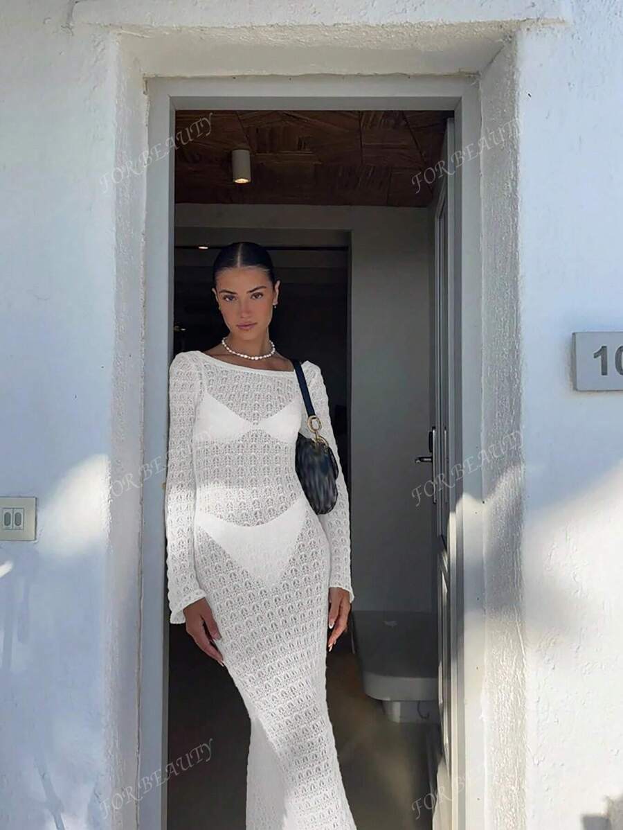PARA BELEZA Vestido feminino primavera e verão, novo, bege, cor sólida, slim fit, sexy, sem costas, simples e atmosférico, de malha, manga comprida, lua de mel, casamento, temporada, praia, férias, estilo, transparente, vazado