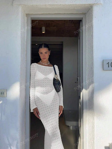 PARA BELEZA Vestido feminino primavera e verão, novo, bege, cor sólida, slim fit, sexy, sem costas, simples e atmosférico, de malha, manga comprida, lua de mel, casamento, temporada, praia, férias, estilo, transparente, vazado