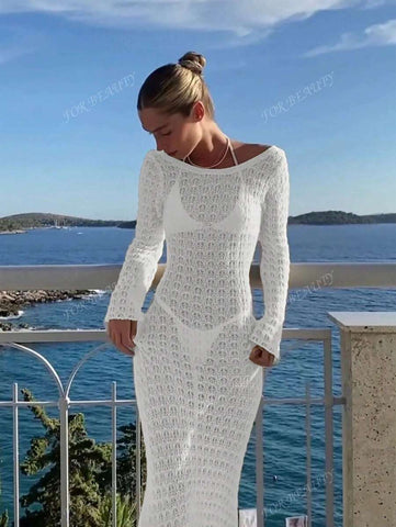 PARA BELEZA Vestido feminino primavera e verão, novo, bege, cor sólida, slim fit, sexy, sem costas, simples e atmosférico, de malha, manga comprida, lua de mel, casamento, temporada, praia, férias, estilo, transparente, vazado