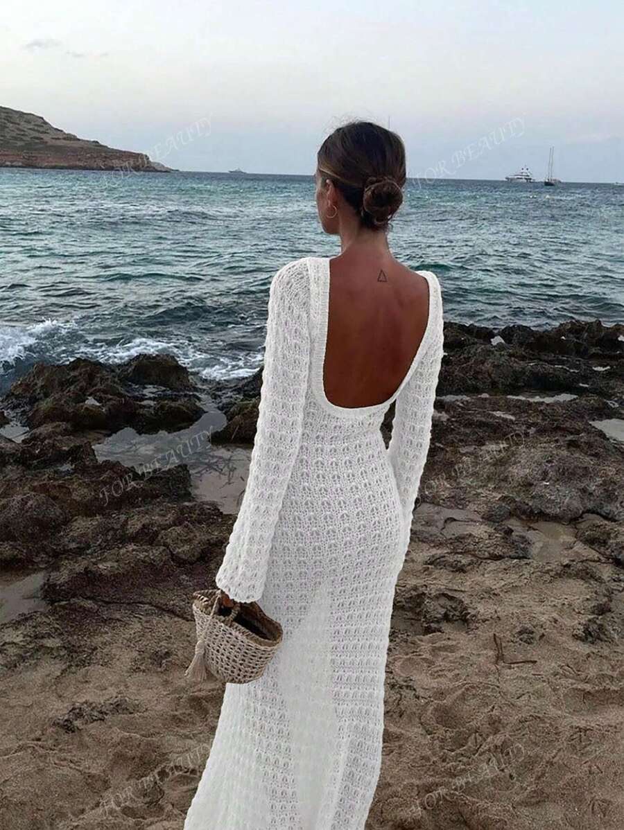 PARA BELEZA Vestido feminino primavera e verão, novo, bege, cor sólida, slim fit, sexy, sem costas, simples e atmosférico, de malha, manga comprida, lua de mel, casamento, temporada, praia, férias, estilo, transparente, vazado