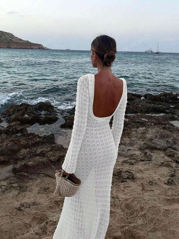 PARA BELEZA Vestido feminino primavera e verão, novo, bege, cor sólida, slim fit, sexy, sem costas, simples e atmosférico, de malha, manga comprida, lua de mel, casamento, temporada, praia, férias, estilo, transparente, vazado
