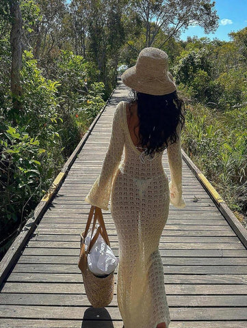 PARA BELEZA Vestido feminino primavera e verão, novo, bege, cor sólida, slim fit, sexy, sem costas, simples e atmosférico, de malha, manga comprida, lua de mel, casamento, temporada, praia, férias, estilo, transparente, vazado