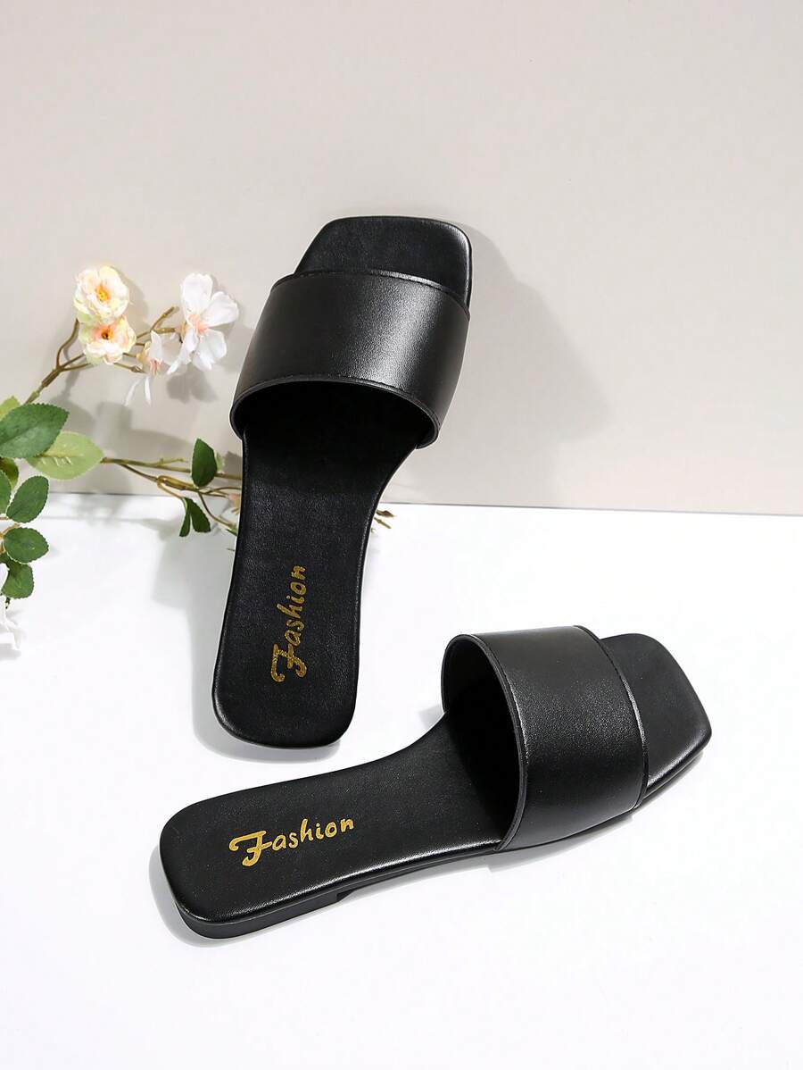 Sandálias Plus Size Slide, Novas Sandálias Rasas Pretas Bico Quadrado Primavera Verão, Combine com Vestidos para Fazer as Pernas Parecerem Mais Longas, Sandálias da Moda, Lindas Meninas Verão Praia Slip On Chinelos Antiderrapantes