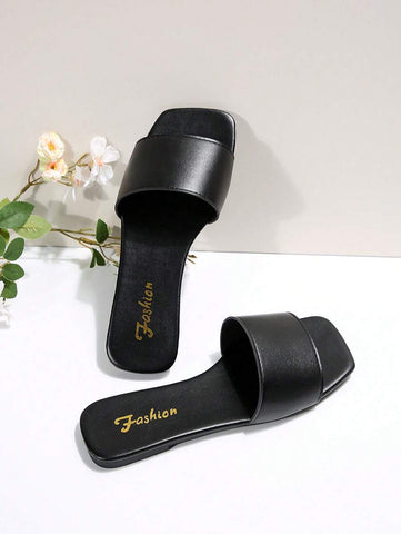 Sandálias Plus Size Slide, Novas Sandálias Rasas Pretas Bico Quadrado Primavera Verão, Combine com Vestidos para Fazer as Pernas Parecerem Mais Longas, Sandálias da Moda, Lindas Meninas Verão Praia Slip On Chinelos Antiderrapantes