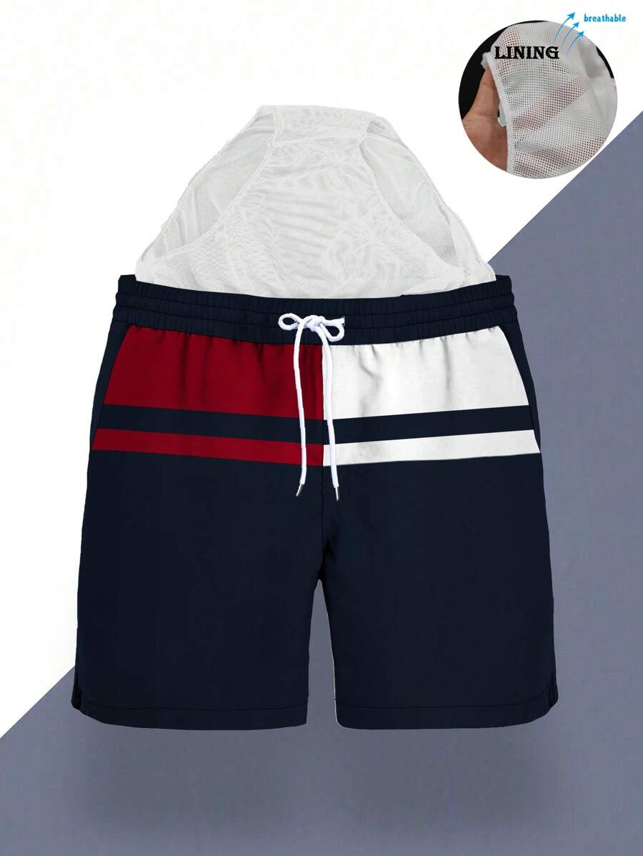 Shorts masculinos de verão com estampa de verão, cordão na cintura, bolso lateral, estilo havaiano, secagem rápida, forro de malha dupla, estampa de arte 3D em cores contrastantes, moda praia casual e elegante, sunga