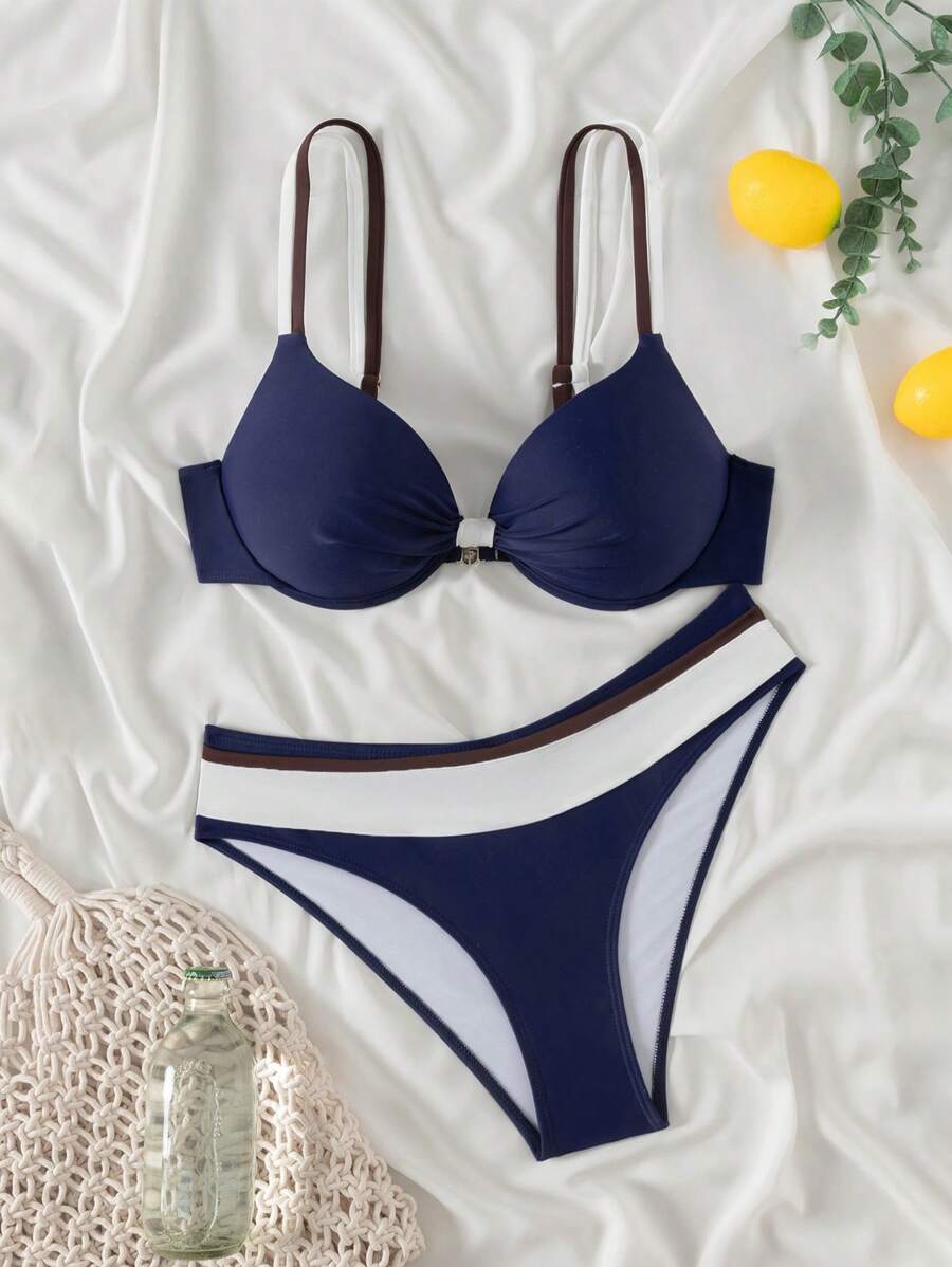 Swim Basics Conjunto de biquíni feminino com bojo push-up, 2 peças/conjunto, moda praia, férias, cor sólida, moda praia, verão