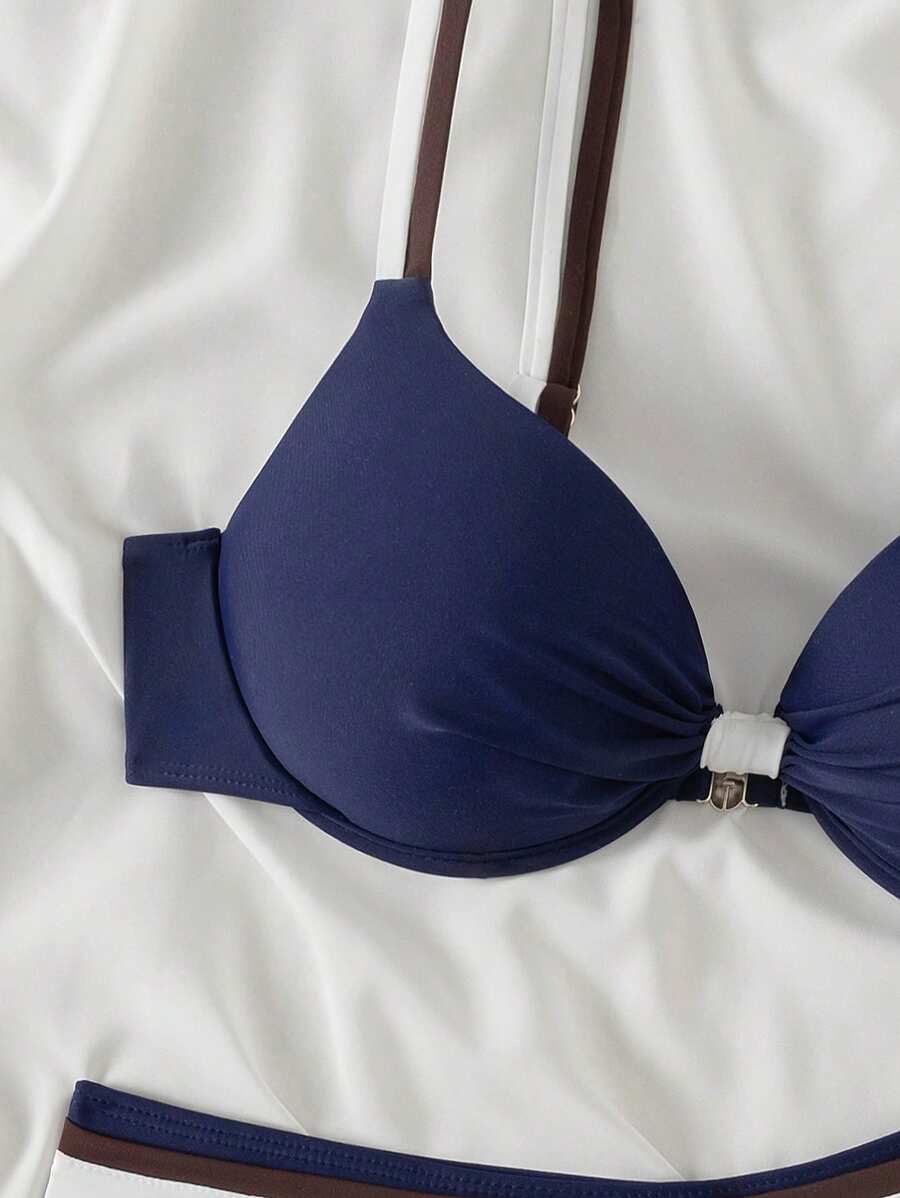 Swim Basics Conjunto de biquíni feminino com bojo push-up, 2 peças/conjunto, moda praia, férias, cor sólida, moda praia, verão
